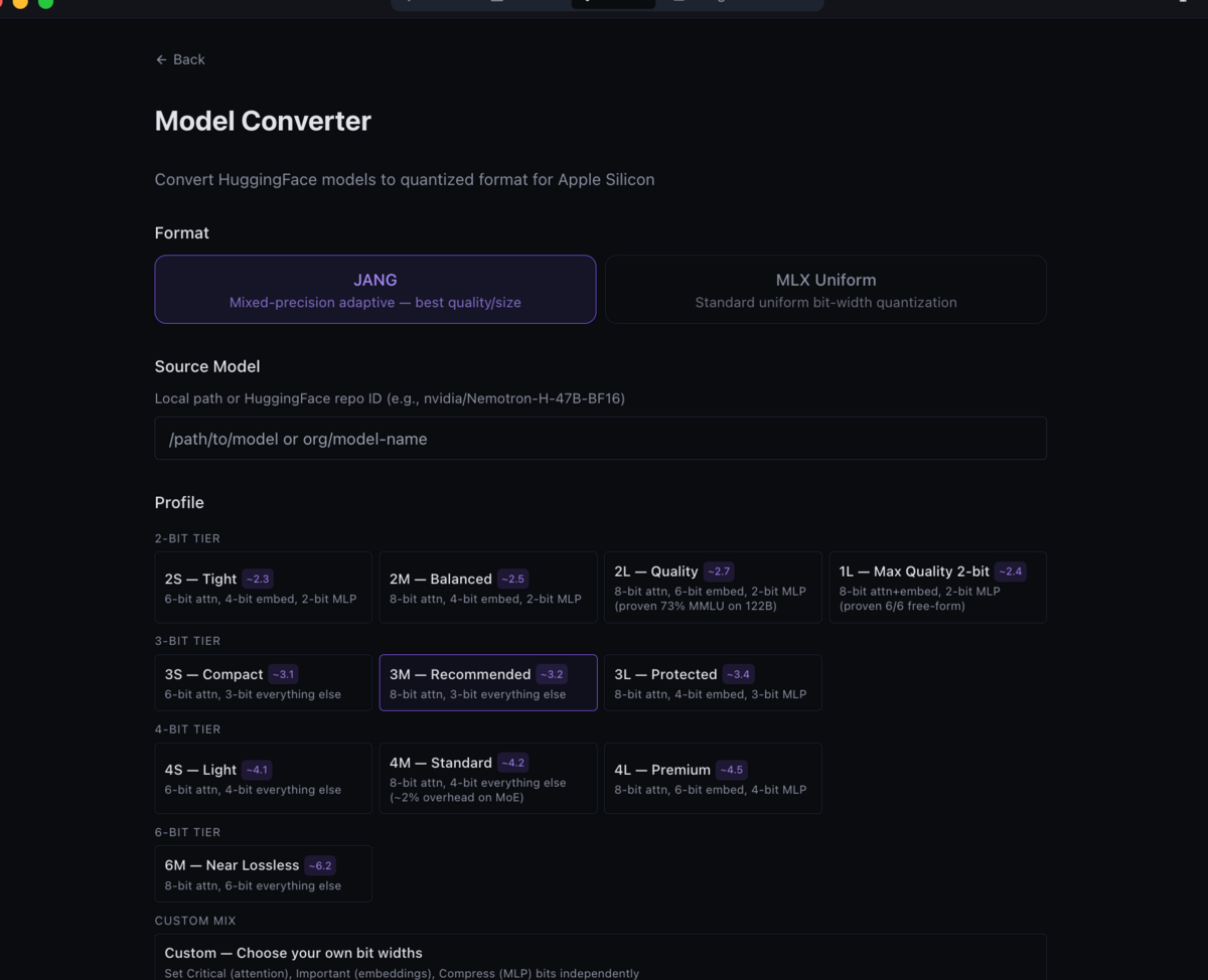 JANG Model Converter showing all quantization profiles